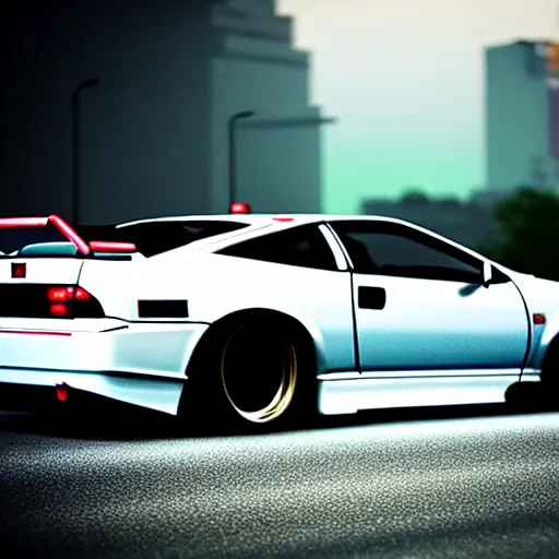 Image similar to a car 300ZX twin turbo drift at illegal car meet, Shibuya prefecture, city midnight mist lights, cinematic lighting, photorealistic, highly detailed wheels, high detail