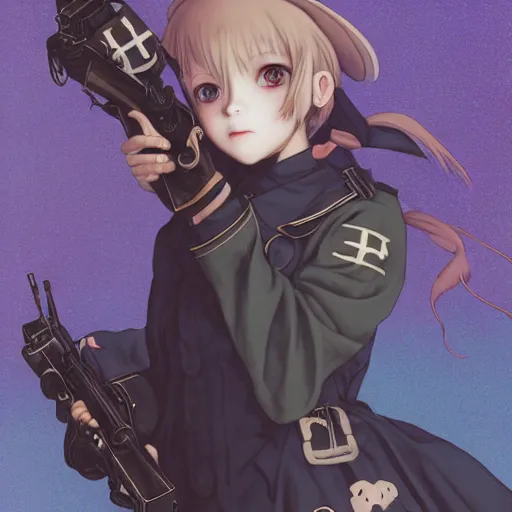 Prompt: portrait of a girl dressed as a witch holding a machine gun, last exile, blue submarine no. 6, loish, murata range, kawaii, yoshitaka amano, studio lighting, manga, bright colors, beautiful,35mm lens, vibrant high contrast, mucha, gradation, jean giraud, fantasy