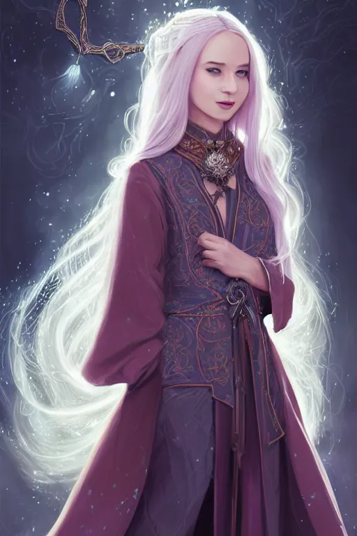 Image similar to portrait of a gorgeous young female wizard, looking at camera, D&D, choker on neck, stylish robe, mouth slightly open, cute slightly nerdy smile, very long flowing hair, intricate, elegant, stylish, fantasy, extremely detailed, digital painting, artstation, concept art, smooth, sharp focus, illustration, stunning lighting, art by artgerm and greg rutkowski and alphonse mucha and simon stalenhag