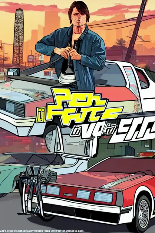 Prompt: GTA V cover art based on Back to the Future, starring Marty Mcfly