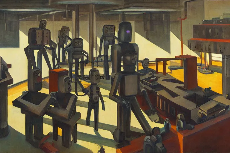 Image similar to drab slave human workers building robots, watched by fascist robots, brutalist factory, dystopian, pj crook, edward hopper, oil on canvas