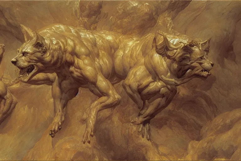 Image similar to hyperdetailed matte art of cerberus by william blake, ilya repin, amano, rene magritte, craig mullins