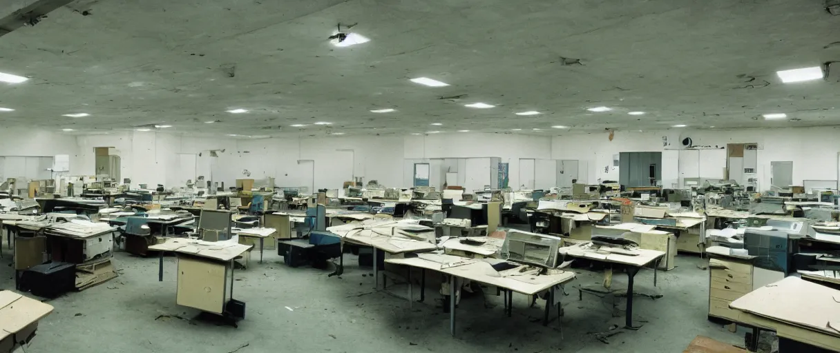 Prompt: movie still 4 k uhd 3 5 mm film color photograph of an abandoned computer laboratory full of cold war era computers