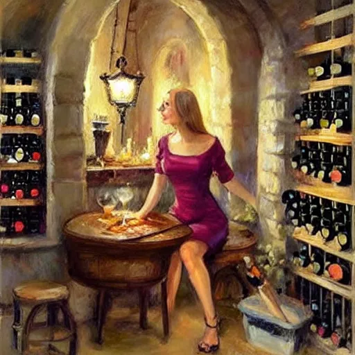 Image similar to wine cellar full of food, torches on the wall, schnapps, romantic, inviting, cozy, blonde woman, painting Vladimir Volegov