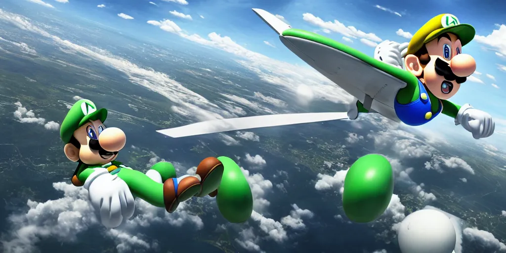 Image similar to luigi from super mario flying a boeing 3 7 3, realistic 4 k octane beautifully detailed render, 4 k post - processing, highly detailed, intricate complexity, epic composition, magical atmosphere, cinematic lighting, masterpiece, ultra hd