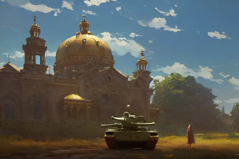 Image similar to a tank which looks like a ornate baroque church, scene in an open field. key visual, conceptart, ambient lighting, highly detailed, digital painting, artstation, concept art, sharp focus, by makoto shinkai and akihiko yoshida and greg manchess