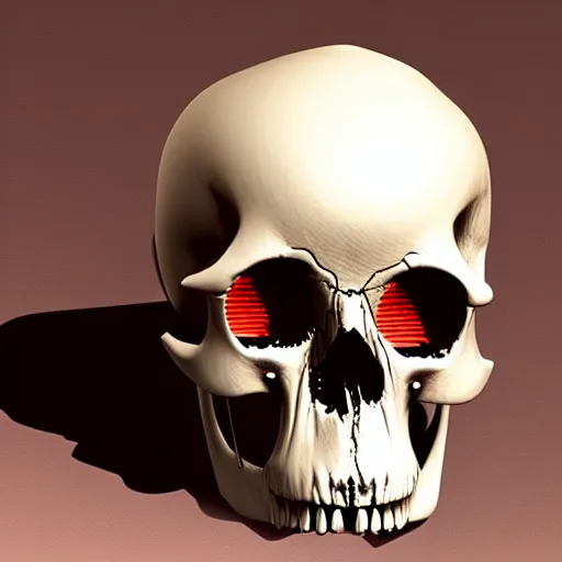 Prompt: humanoid skull, glowing red eyes, on a table, realistic, very detailed