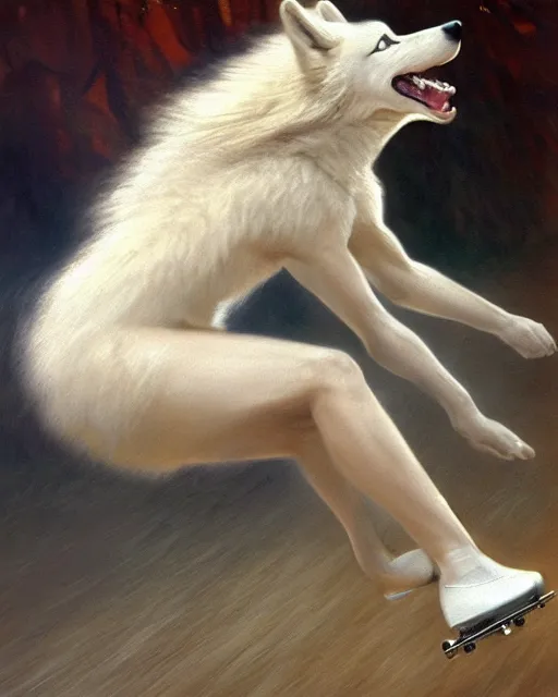 Image similar to white female anthro wolf skating at a roller derby, 4 k, furaffinity, trending on artstation, very expressive detailed face, energetic, speed, motion blur, by gaston bussiere, craig mullins, j. c. leyendecker, gustav klimt, artgerm, greg rutkowski, alphonse mucha