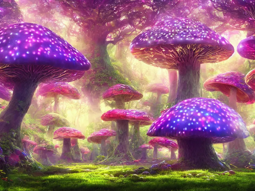 Image similar to a beautiful otherworldly fantasy landscape of giant luminous mushroom trees forming canopies over bright colorful mythical sprouted floral plants and colorful foliage on the ground, like alice in wonderland, extreme detail, studio ghibli and pixar and abzu, rendering, cryengine, deep color, vray render, cinema 4 d, cgsociety, bioluminescent