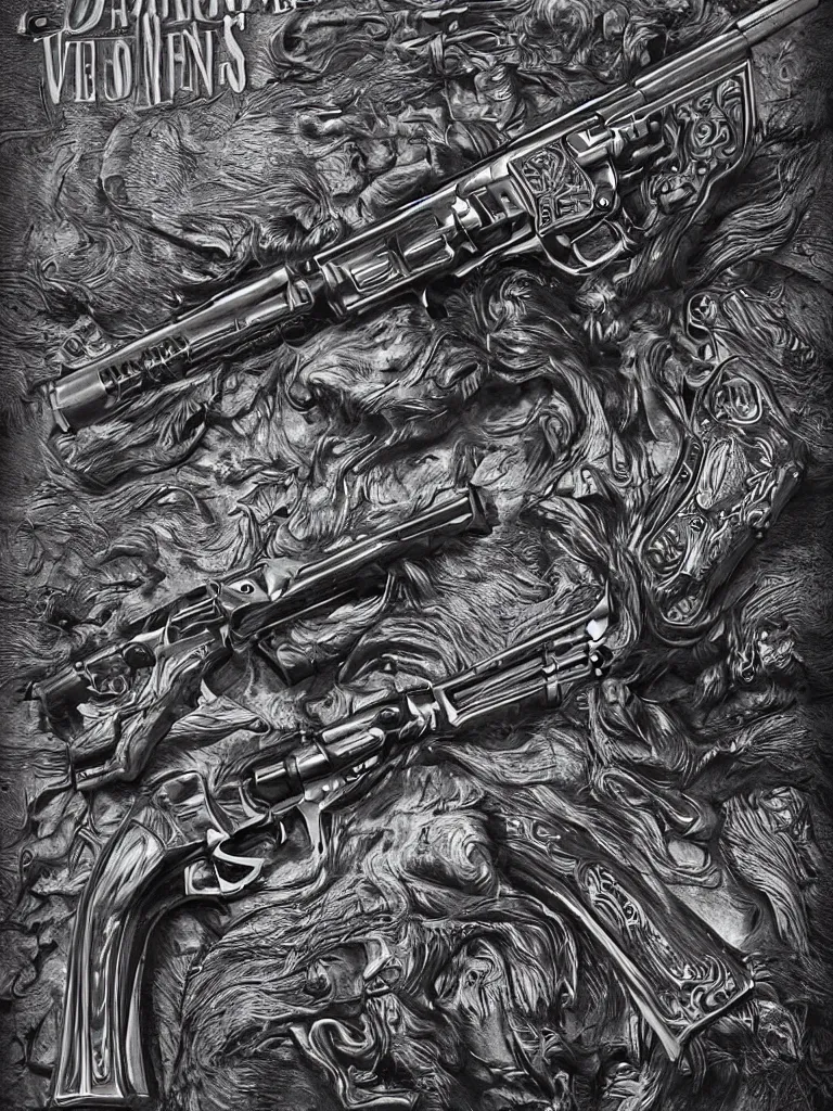 Image similar to carving in dark black steel of machine guns shotguns rifles revolvers bullets, dark vintage paperback cover, ultra-realistic, intricate details, 4k