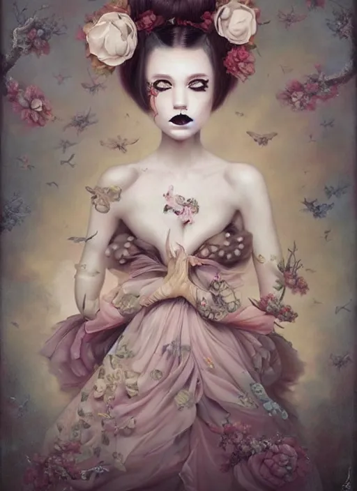 Prompt: pop surrealism, lowbrow art, realistic cute dress fashion painting, japanese street fashion, hyper realism, muted colours, rococo, natalie shau, loreta lux, tom bagshaw, mark ryden, trevor brown style,