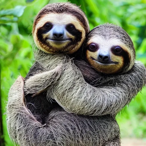 Image similar to a sloth hugging his turtle friend