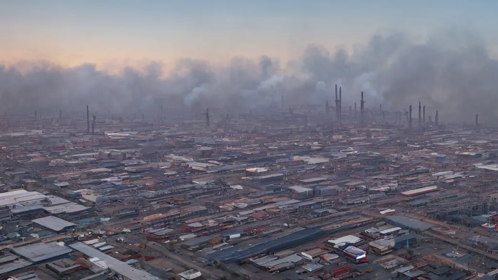 Prompt: High angle shot of a vast industrial area. Smoke rises in the air. It is nighttime. Buildings are visible in the background.