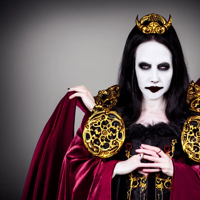 Prompt: professional photograph of a real - life vampire queen with ornate robes. extremely detailed. dslr. 5 0 mm 8 k