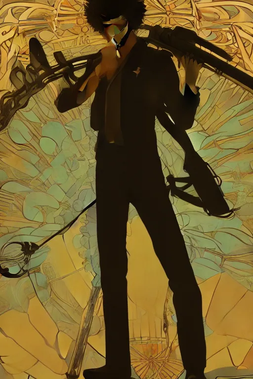 Prompt: concept art, silhouette of Spike Spiegel from Cowboy Bebop in front of the moon Ganymede in the style of Alphonse Mucha and Hiroya Oku, 8k, high detail, octane render