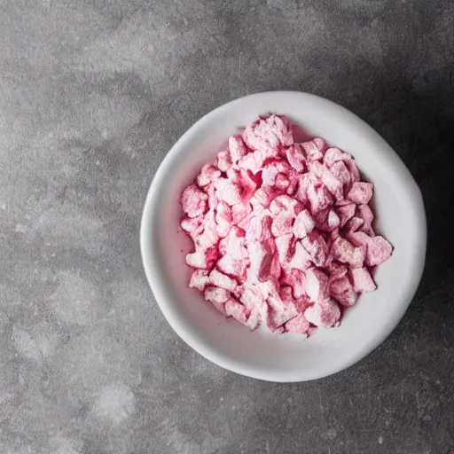 Image similar to white pink unjustifiable food chunks in styrofoam bowl,