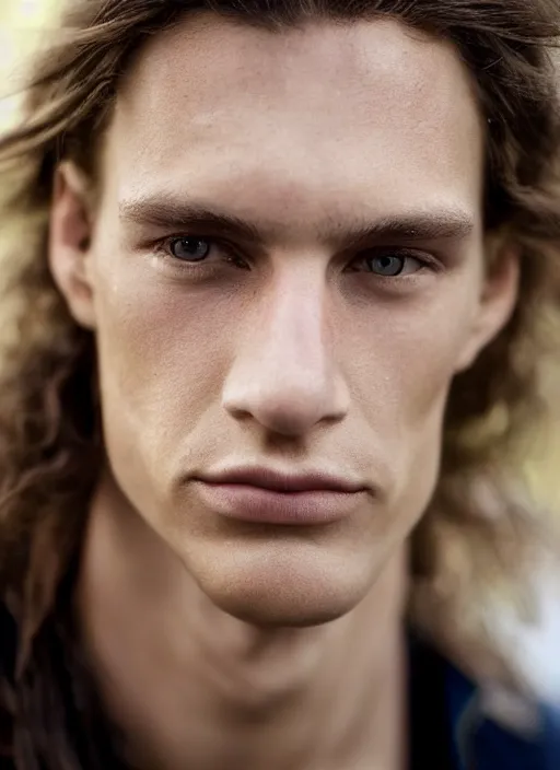 Image similar to a very skinny young Tarzan close-up portrait of young white male, with long straight slicked back brown hair shoulder length