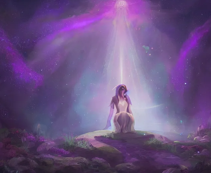 Image similar to an illustration of a mystical spiritual scene with a young woman in it, with starry dusted light, purple - tinted, wide - angle, high contrast, highly detailed, sharp focus, digital painting, illustration, trending on artstation,