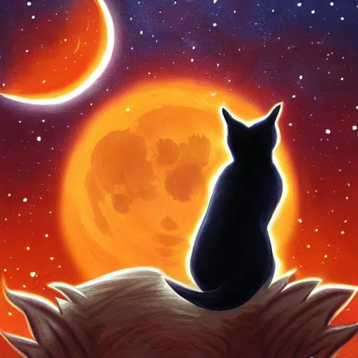 Prompt: Firestar and Ravenpaw sitting next to each other looking into the Moon, Warrior cats, Back side view, Erin Hunter, wholesome, high detail, forest scenery, Moon view, illustration of 2 cats, trending on artstation, beautiful Paintings