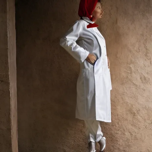 Prompt: nurse, blond, in white coat, wearing mary jane shoes, by steve mccurry, wallpaper, highly detailed