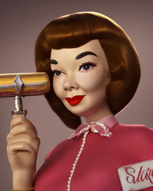 Image similar to highly detailed closeup, face profile portrait of a tin toy retro 1 9 5 0 s shirley maclaine, bikini, depth of field, fashion photoshoot by max fleischer, breathtaking, detailed and intricate environment, 8 k resolution, hyperrealistic, octane render