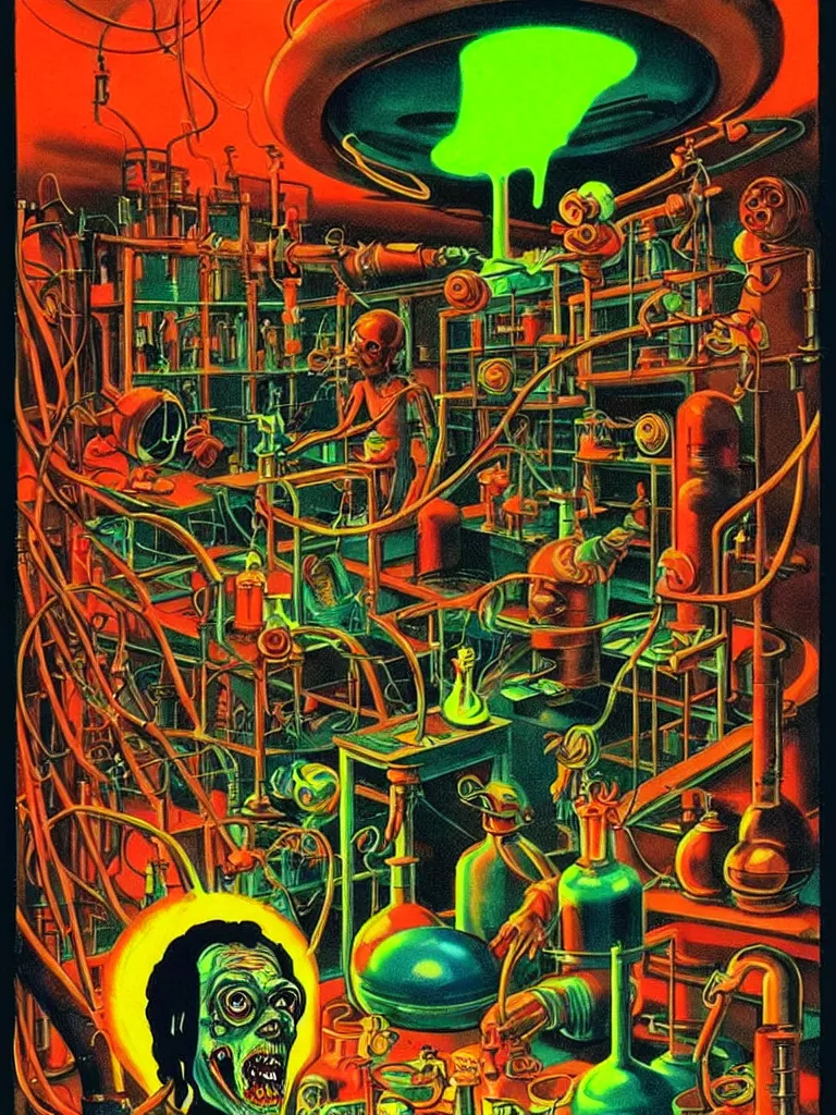 Prompt: Vibrant Colorful Vintage Horror Illustration of a Mad Scientist Experiment Poisonous Toxic Laboratory. Scientists Melting , Glowing with Radiation, Spooky lighting , Pinterest