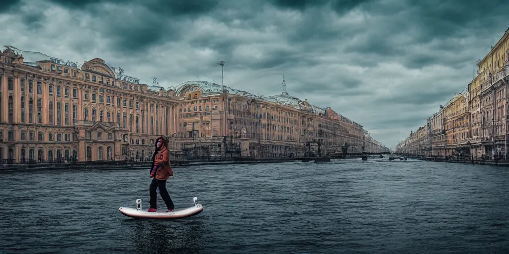 Image similar to cinematic street shot of a floating hoverboarding city saint petersburg city, telephoto, anamorphic cinematography, beautiful composition, color theory, leading lines, photorealistic, moody volumetric lighting