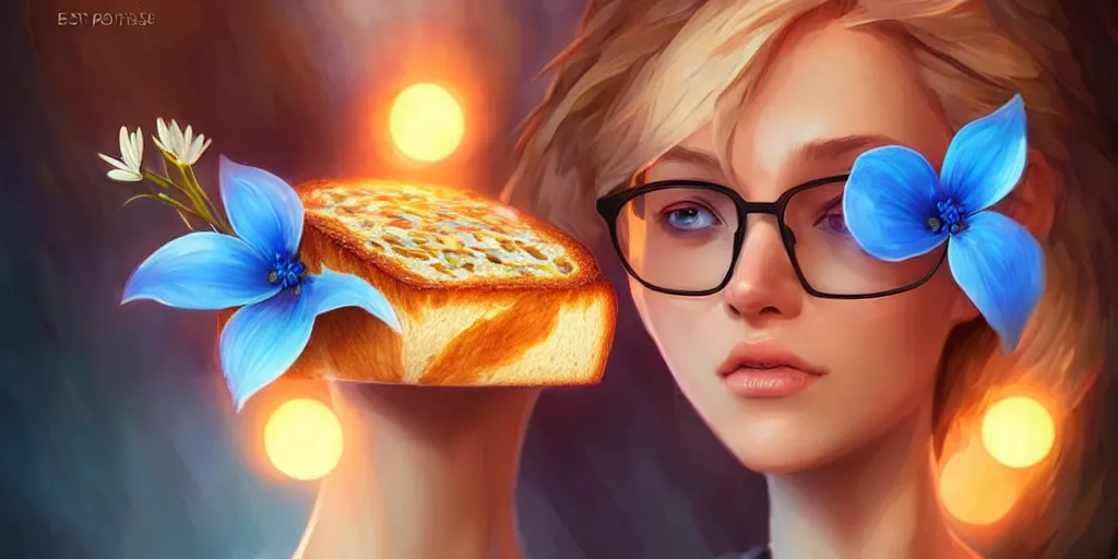 Image similar to epic professional digital art of a bread toast!!! wearing 👓!!!! and a blue flower!!!!, best on artstation, cgsociety, wlop, cosmic, epic, stunning, much detail, much wow, masterpiece, backlight