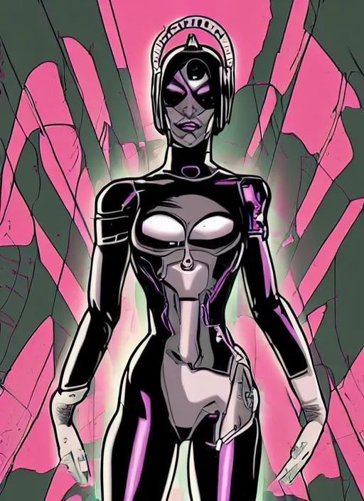 Image similar to cyborg in the style of Peter Chung, Aeon Flux inspired, 90s comic book art,