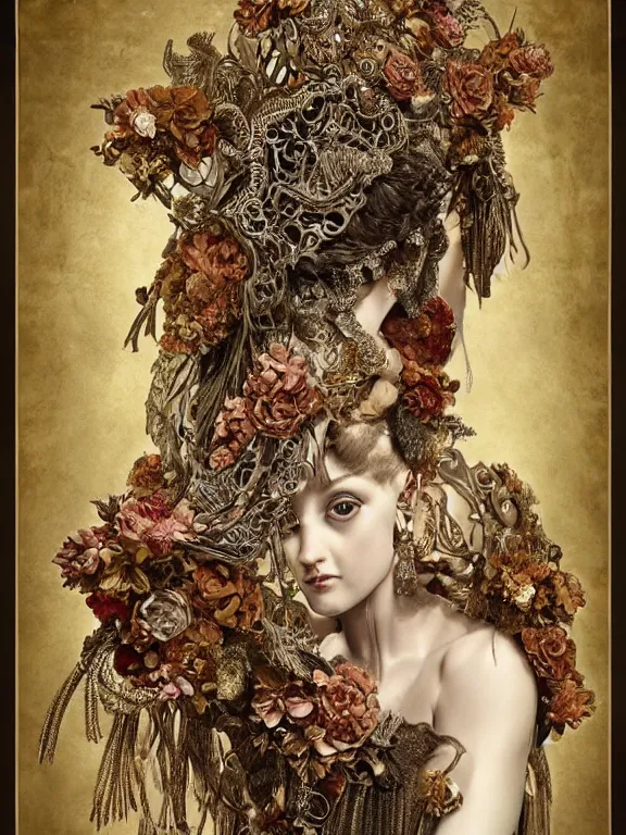 Prompt: a half body fashion portrait render of a fallen angel veiled , symmetry rococo intricate detailed,dramatic headdress with intricate fractals of flowers,tassels,by Lawrence Alma-Tadema and Billelis and Enchanted doll and aaron horkey and peter gric,trending on pinterest,hyperreal,jewelry,gold,intricate,maximalist,golden ratio,cinematic lighting