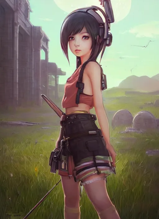 Image similar to beautiful portrait of yuffie from final fantasy dahyun from twice the style of wlop, artgerm, yasutomo oka, yuumei, rendered in unreal engine, surrounded by epic ruins landscape by simon stalenhag, digital art dynamic dramatic lighting, imagine fx, artstation, cgsociety, by bandai namco artist,
