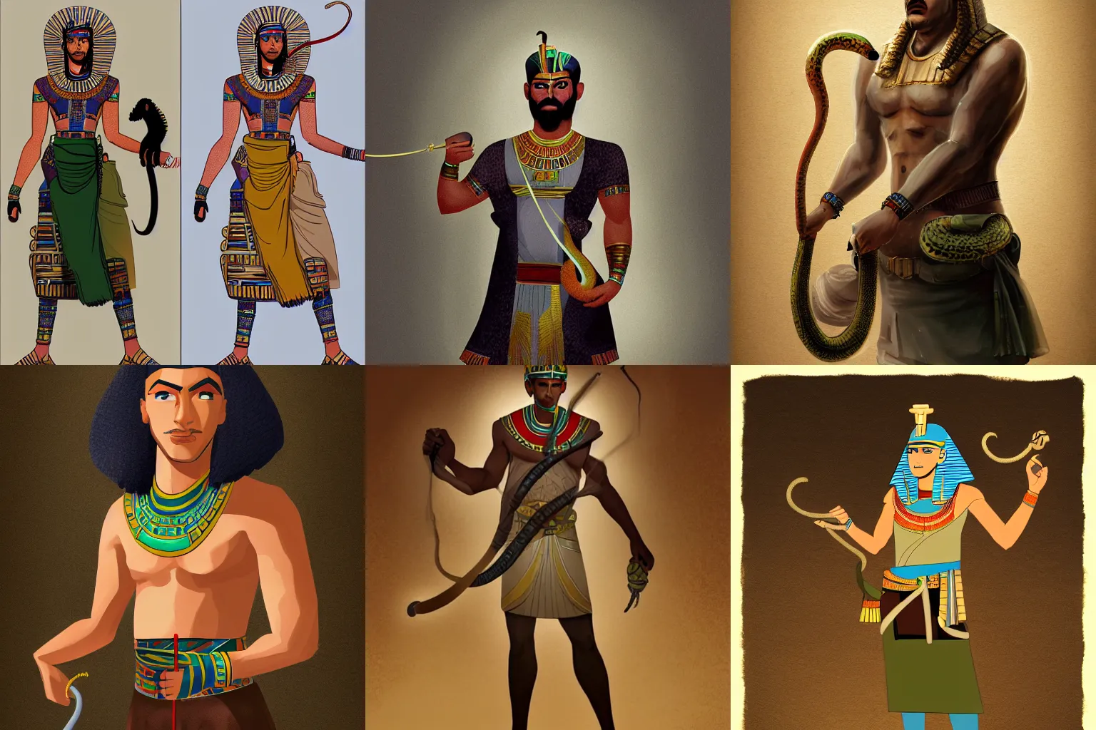 Prompt: an egyptian man holding a snake in the style of character concept art,