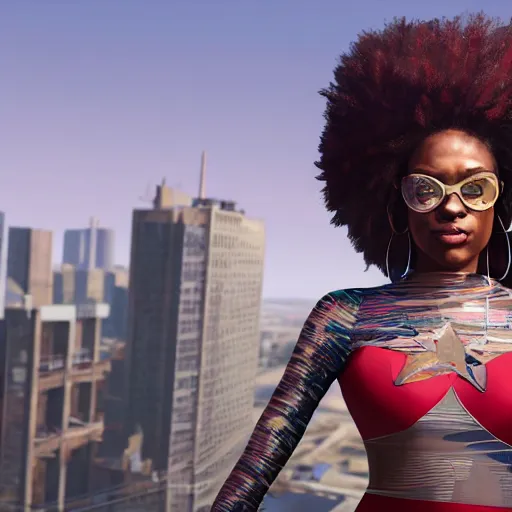 Image similar to highly detailed portrait of an african american woman in superhero costume in gta v, stephen bliss, unreal engine, fantasy art by greg rutkowski, loish, rhads, ferdinand knab, makoto shinkai and lois van baarle, ilya kuvshinov, rossdraws, tom bagshaw, global illumination, radiant light, detailed and intricate environment