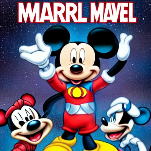 Prompt: a starry eyed mickey mouse sticking his hand through a portal into the marvel universe. on the other side other disney friends await, each dressed in their new superhero costume