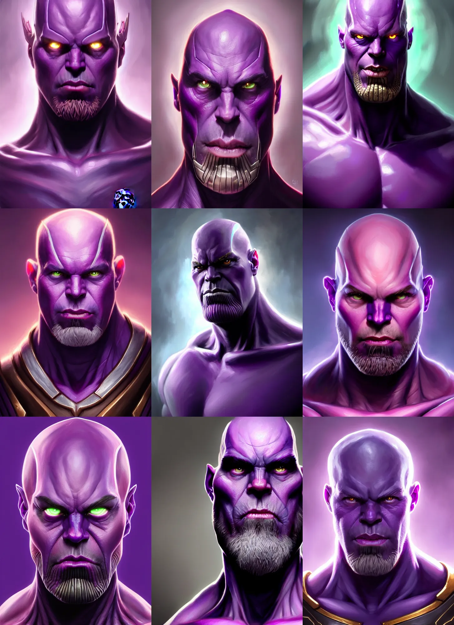 Prompt: a fantasy style portrait painting a character if vision and thanos had a son, purple skin, powerful chin, thanos style traits, painting, unreal 5, daz., rpg, portrait, extremely detailed, artgerm greg rutkowski _ greg