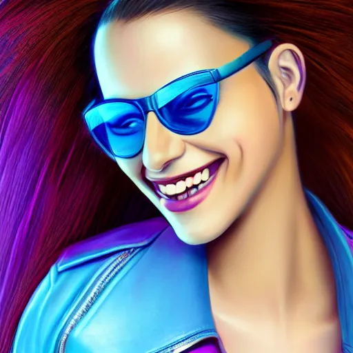 Prompt: closeup painting of a very beautiful young mexican cyberpunk woman with a smile, light blue retro slotted shades, and a purple coloured leather jacket, one side haircut, long brown hair with light blue ends, portrait, sci - fi, hyperdetailed, artstation, cgsociety, synthwave by tangerine dream, by jean - michel jarre, by vangelis, by john carpenter
