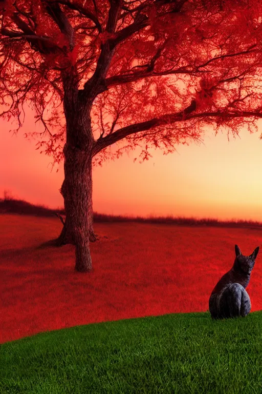 Prompt: a bright red creature near a tree on a hill at dusk, 4 k