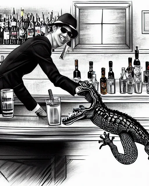 Image similar to a photo of an alligator serving drinks at a bar, fine - face, realistic shaded, fine details. realistic shaded lighting, artgerm, trending on art station