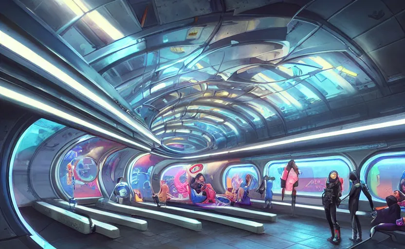 Image similar to Futuristic cyber subway station , Pixar style by Tristan Eaton_Stanley Artgerm and Tom Bagshaw