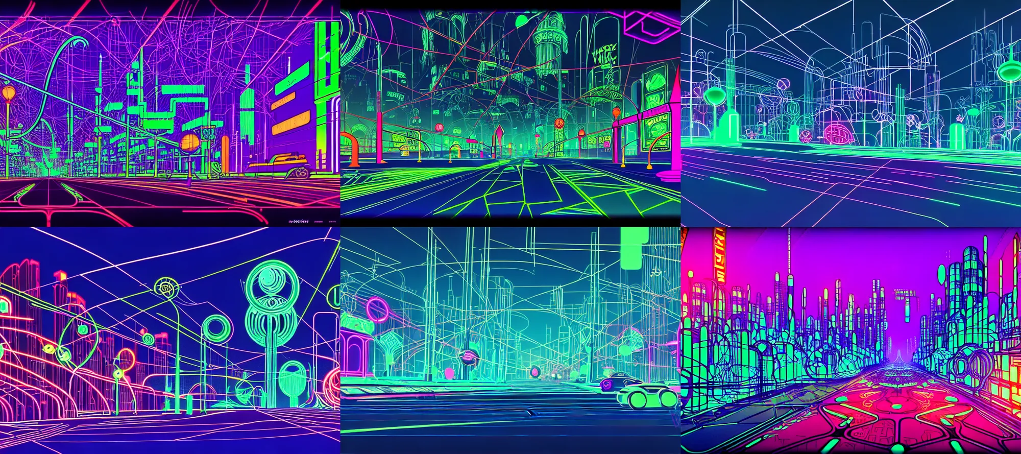 Prompt: art nouveau, fauvism, neon geometric inks, cyberpunk, fantasy landscape. wireframe datascape village streets in the style of tron legacy