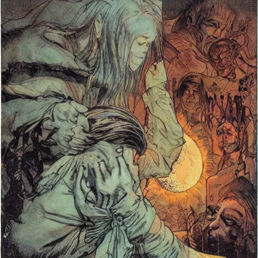 Image similar to A new dawn from the darkness, mental health, psychology, a masterpiece by M.W. Kaluta