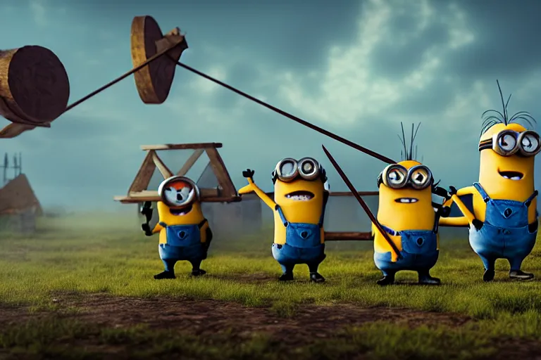 Image similar to diorama of group of minions launching a trebuchet, setting is bliss wallpaper, realistic, 4 k, detailed, atmospheric, cinematic lighting, octane render, unreal engine render, ray tracing lighting