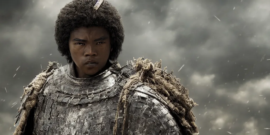 Image similar to a film still of a black boy starring in a japanese blockbuster film as ancient samurai, intense, shallow depth of field, cinematic, award winning cgi, vfx, film still