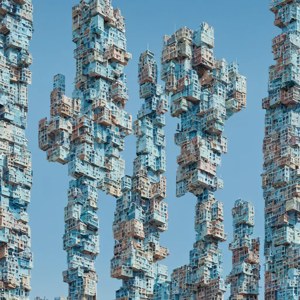 Image similar to close - up towers made up of colourful squatter housing, bleached colours, plain uniform light blue sky, dystopia, mamiya, very detailed, ultra sharp, photographed by john chiara