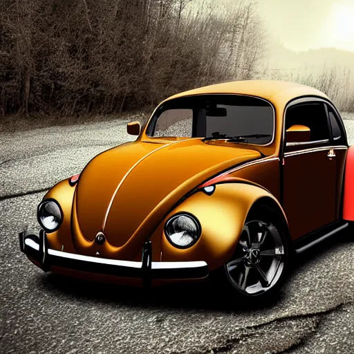 Image similar to promotional scifi - blockbuster movie scene of a ladybug merged with a'glossy volkswagen beetle '. it has wings and is flying down a dusty backroad along a gentle creek in smokey mountains tennessee. cinematic, muted dramtic color, 4 k, imax, 7 0 mm, hdr