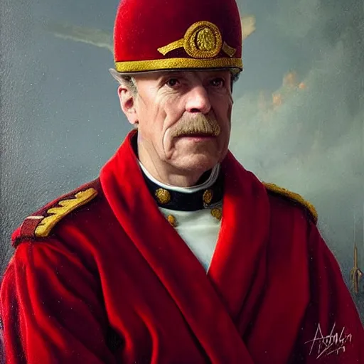 Image similar to realism portrait Captain Phil wears an officer uniform whilst wearing a red velvet robe and golden crown anna podedworna arkhip kuindzhi raphael lacoste guillem h. pongiluppi grisaille