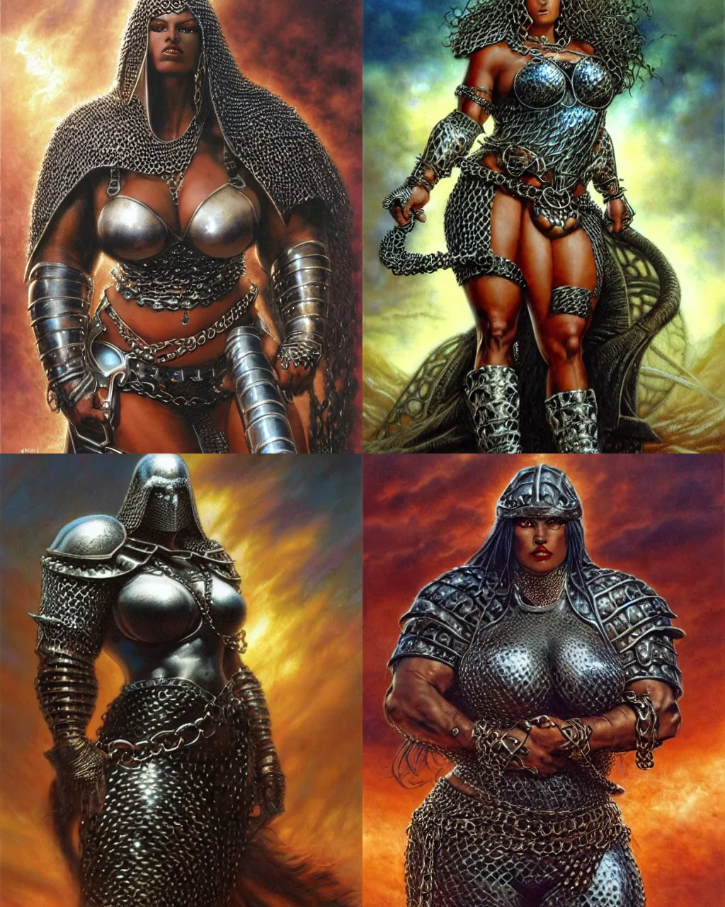 Prompt: a large woman wearing chain mail, heavy looking, powerful, imposing presence, by greg staples and boris vallejo, highly detailed, hyperrealistic, dark skin, desert lands, sharp focus, soft lighting, centered