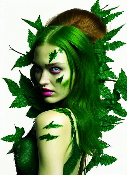 Image similar to “ a beautiful portrait of daria strokous as poison ivy kissing batman, highly detailed, in the style of cinematic, makeup by patmcgrath, greg rutkowski ”