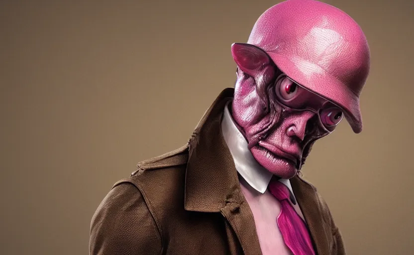 Image similar to a creepy slimy pink ocelot that looks like an investigator, wearing a long beige trench coat, CGI, octane render, trending on artstation, 8K