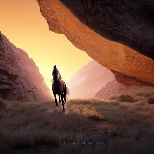 Prompt: spirit, the brown wild horse with white pastern flexion from the spirit movie, with the girl lucky on his back galloping next to a canyon into the sunset, movie poster, intricate detail, 8 k, trending on artstation, octane render